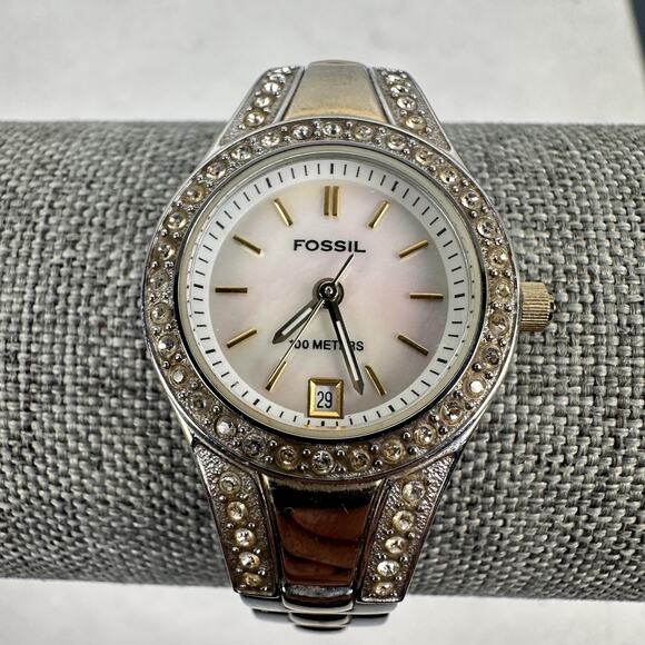 Fossil Blue Watch Womens 25mm Two-Tone MOP Dial Crystal Bezel Date New Battery - Picture 4 of 9